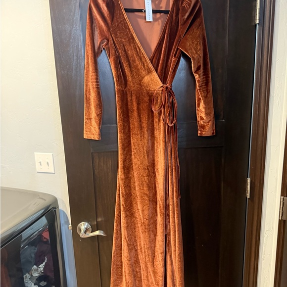 Velvet Wrap Dress in Rich Brown/Rust - Picture 2 of 4